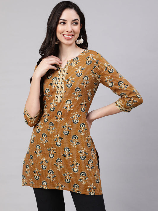 Women Mustard Straight Tunic With Three Quarter Sleeves