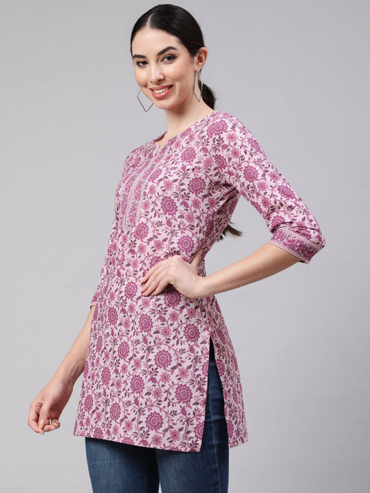 Women Pink Straight Tunic With Three Quarter Sleeves