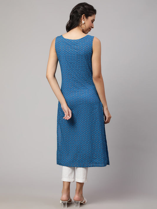 Women Blue Printed Straight Kurta Sleeveless