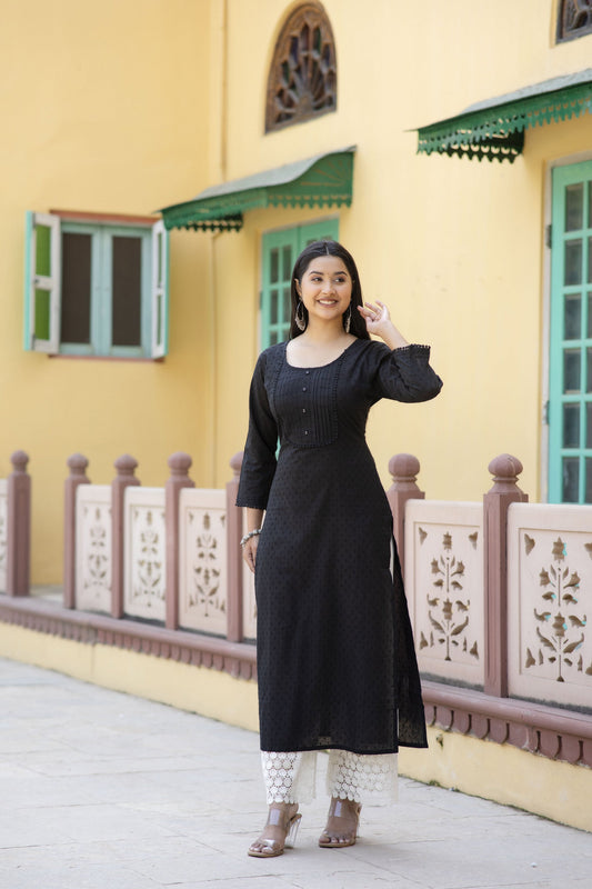 Women Black Doby Straight Kurta With Three Quarter Sleeves