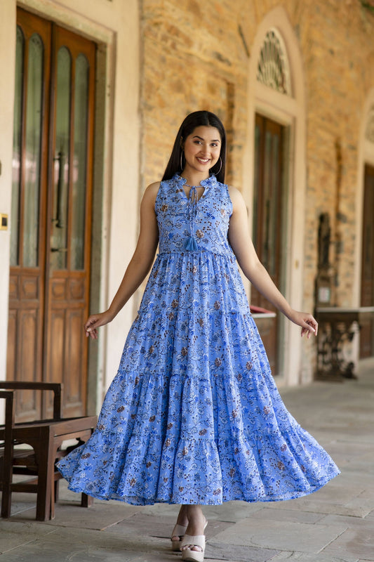 Women Blue Floral Printed Sleeveless Georgette Dress