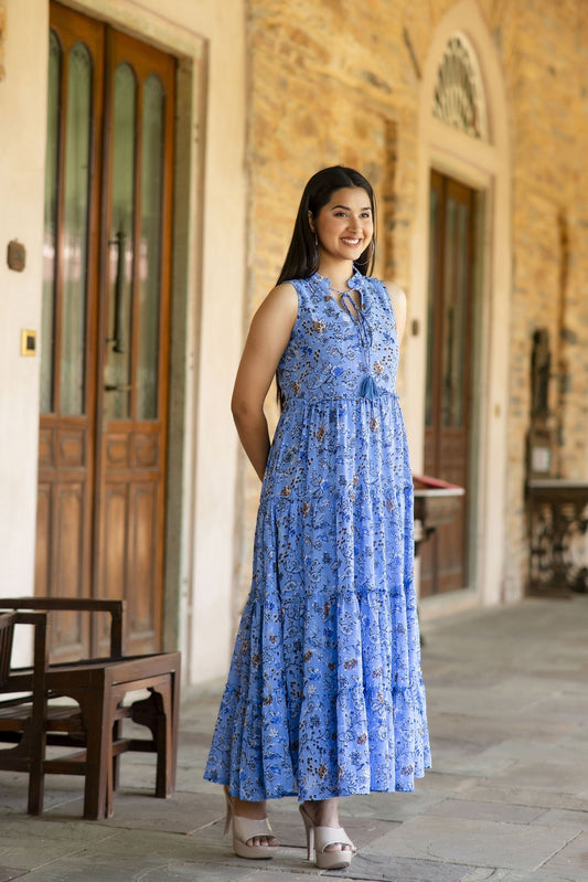 Women Blue Floral Printed Sleeveless Georgette Dress