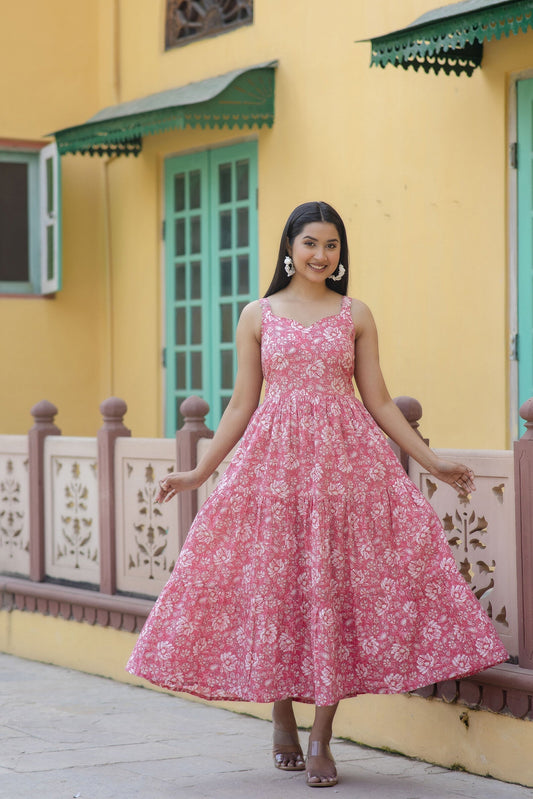 Women Pink Floral Printed Sleeveless Flared Dress