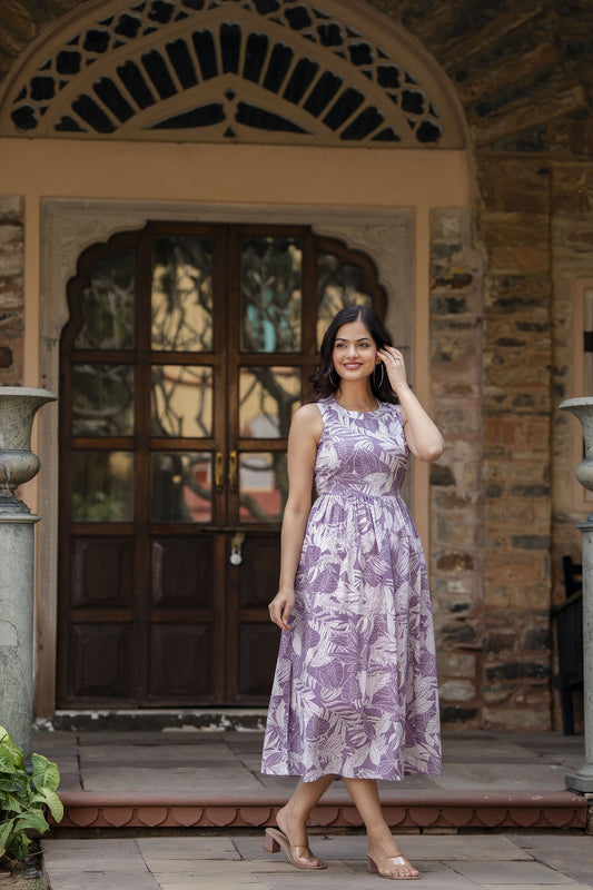 Women Purple Abstract Printed Sleeveless Midi Dress