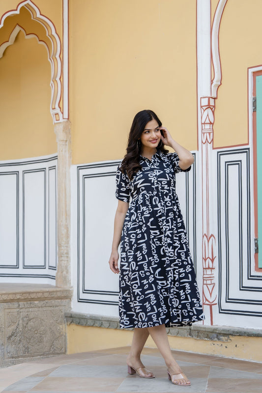 Women Black Abstract Printed Midi Dress