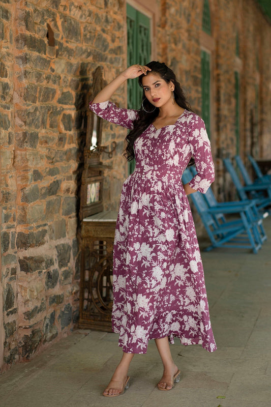 Women Mauve Ethnic Printed Flared Dress