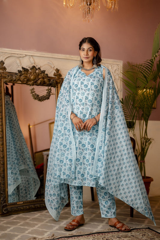 Women Aqua Blue Printed Straight Kurta With Trouser And Dupatta