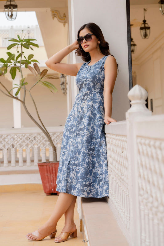 Women Blue Printed Flared Dress