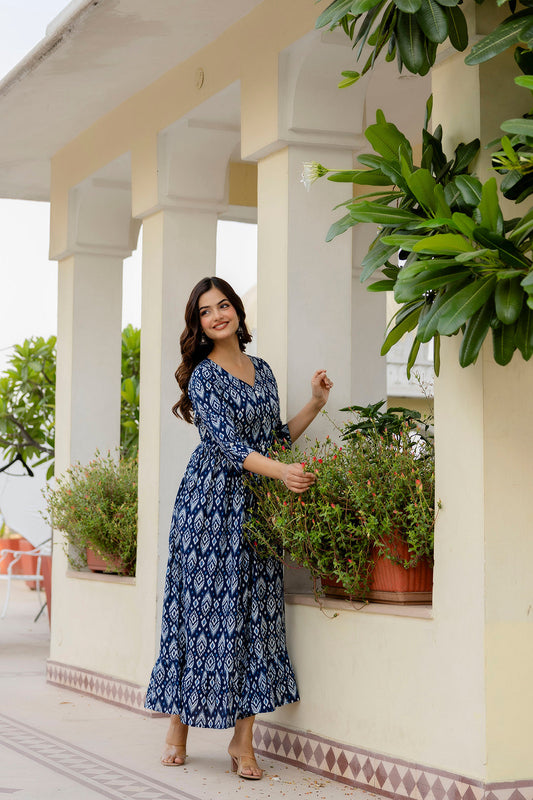 Women Navy Blue Printed Flared Dress