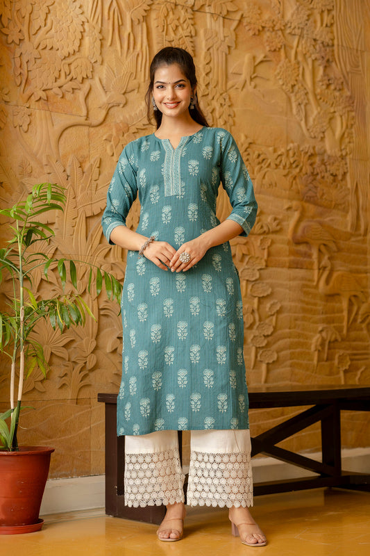 Women Turquoise Blue Printed Straight Kurta