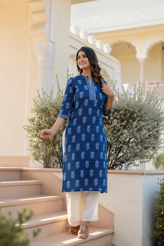 Women Navy Blue Printed Straight Kurta With Three Quarter Sleeves