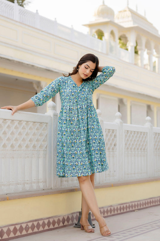 Women Green Printed Flared Dress