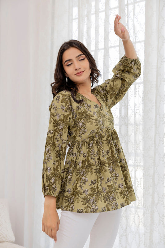 Women Green Printed V-Neck Peplum Tunic