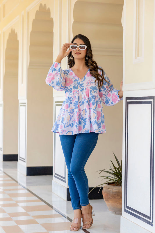 Women White Floral Printed V-Neck Peplum Tunic