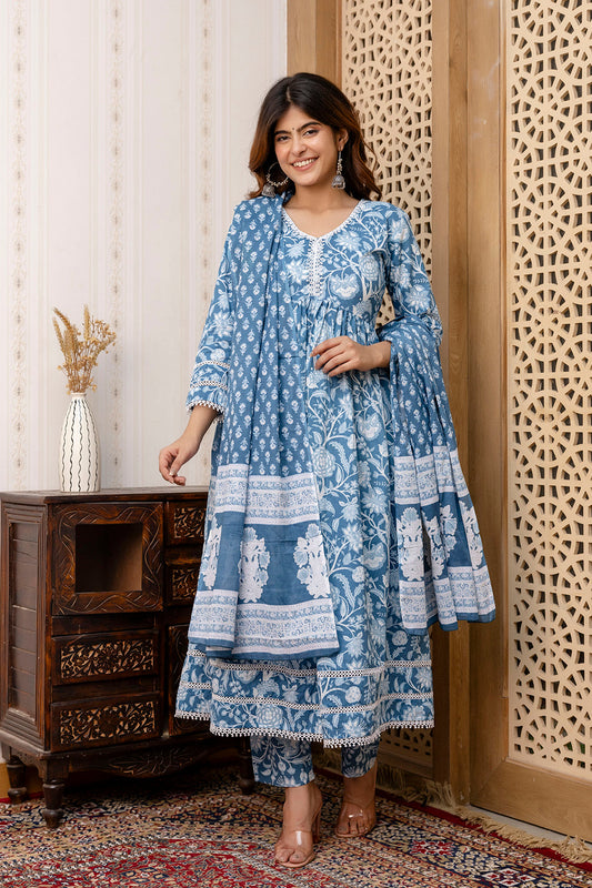 Women Blue Floral Printed Anarkali Kurta And Trouser With Dupatta