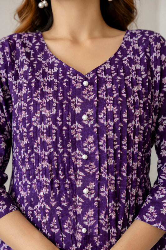 Women Purple Printed A-Line Kurta With Three Quarter Sleeves