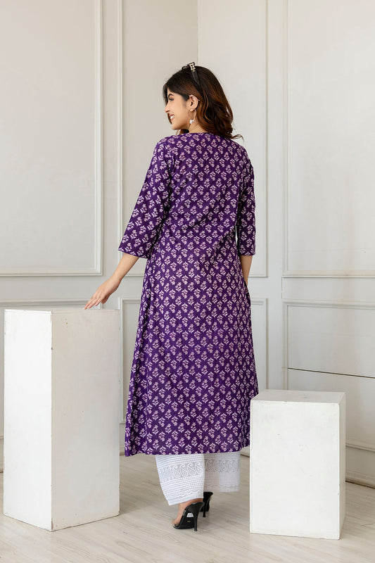 Women Purple Printed A-Line Kurta With Three Quarter Sleeves