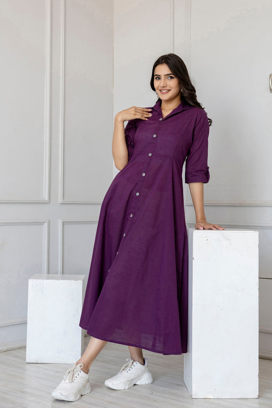 Women Purple Solid Flared Dress With Three Quarter Sleeves