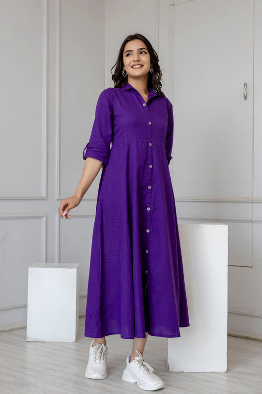 Women Purple Solid Flared Dress With Three Quarter Sleeves