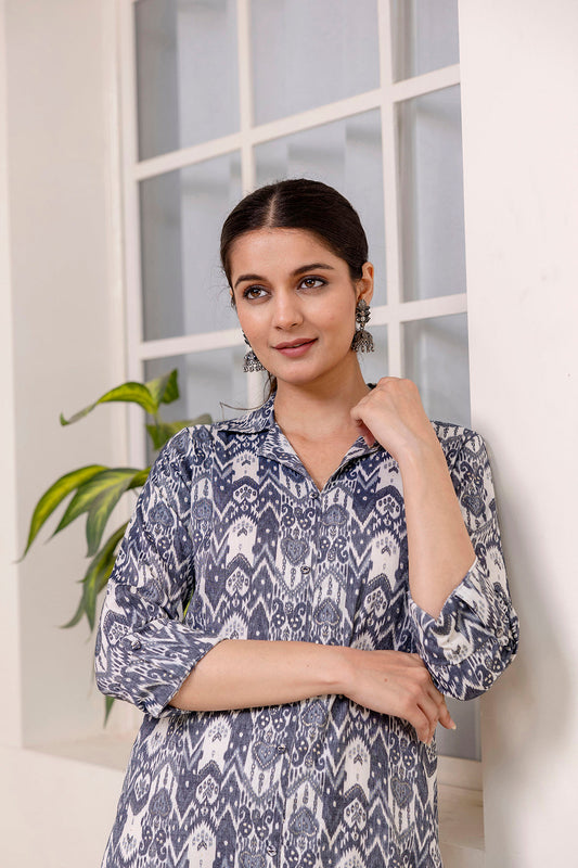 Women Grey Printed Straight Kurta Shirt Collar