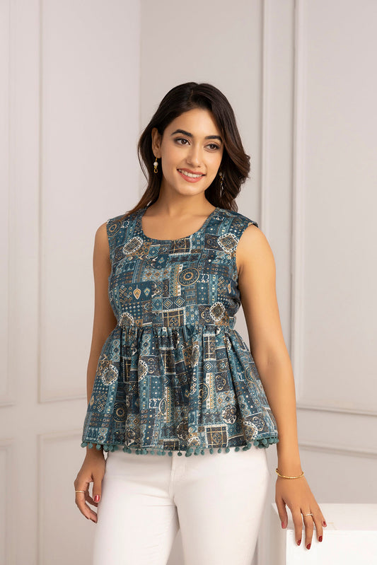 Women Teal Blue Printed Peplum Tunic