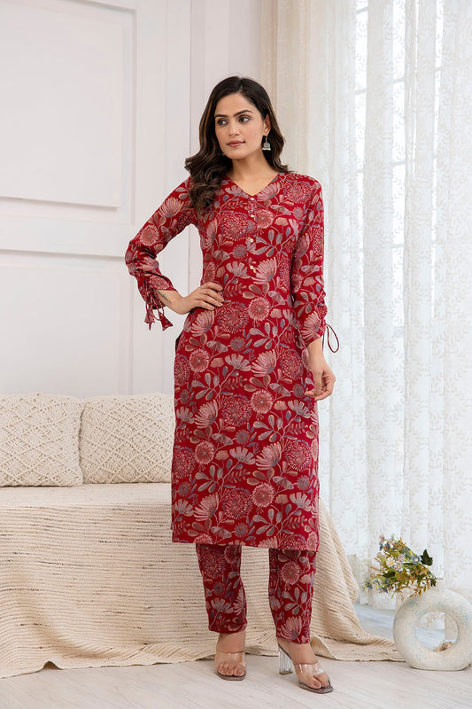 Women Maroon Printed Straight Kurta With Trouser