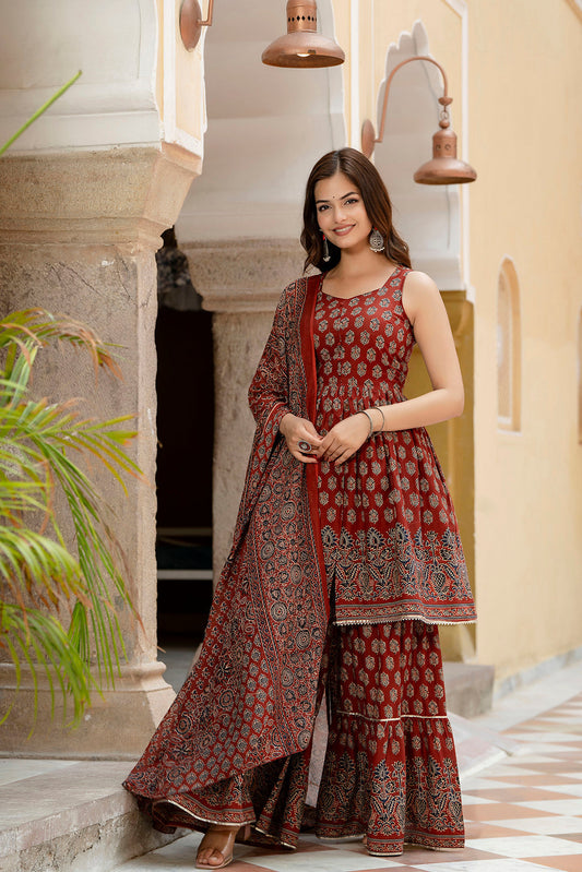 Maroon Printed Kurti And Sharara Set With Dupatta