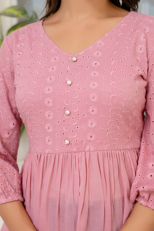 Pink Schiffli V-Neck Peplum Short Kurti