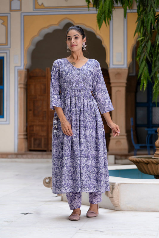 Purple Printed Anarkali Kurta Set With Dupatta For Women