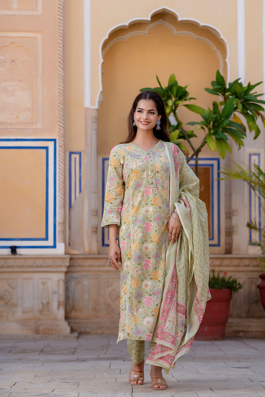 Women Green Printed Straight Kurta And Trouser With Dupatta