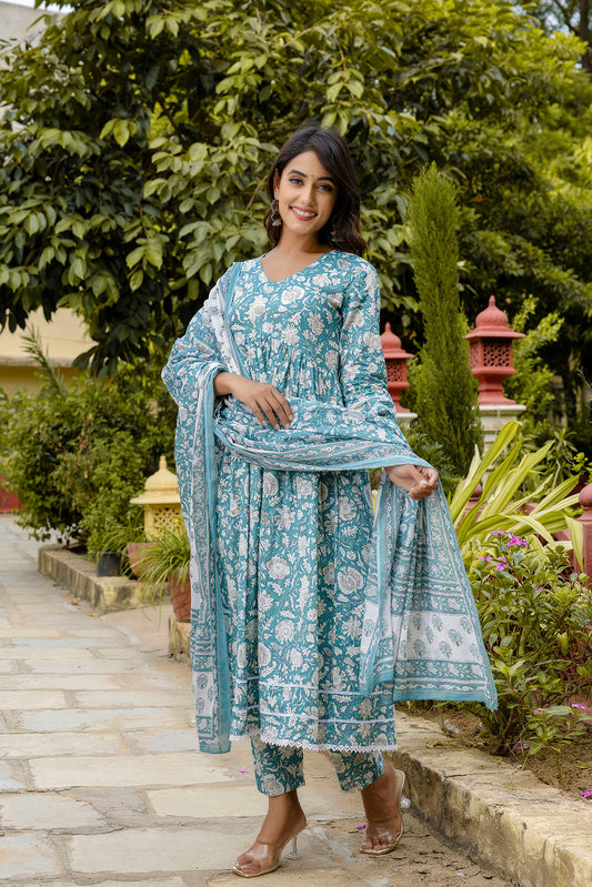 Blue Printed Anarkali Kurta Set With Dupatta For Women