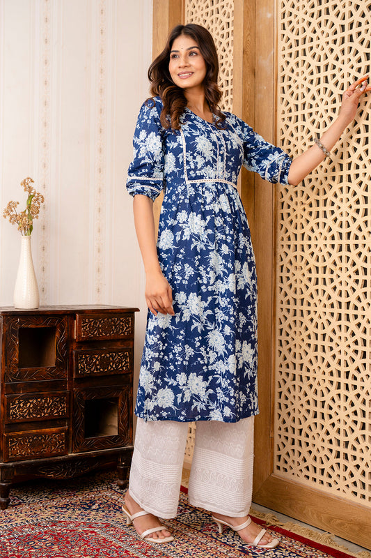 Navy Blue Printed Straight Kurta With Three Quarter Sleeves