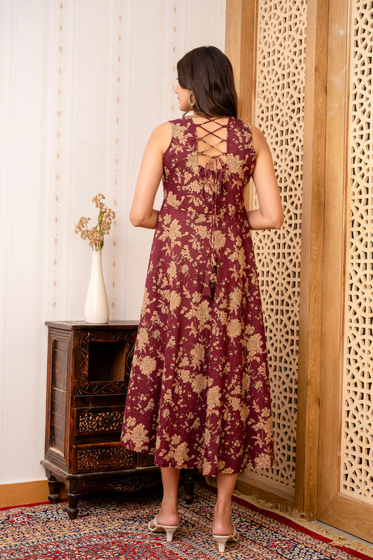 Burgundy Ethnic Printed Flared Sleeveless Dress