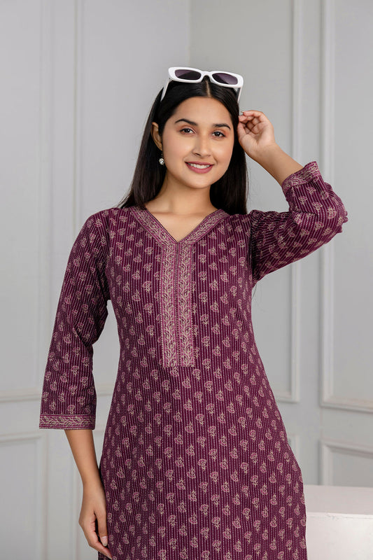 Burgundy Printed Straight Kurta With Three Quarter Sleeves