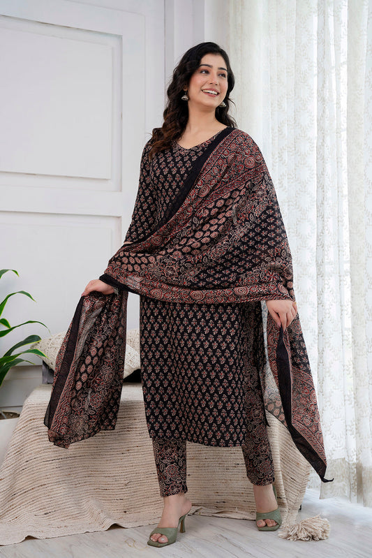 Black Printed Straight Kurta and Trouser With Dupatta