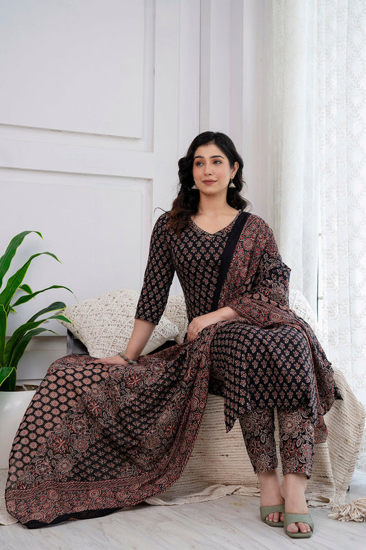 Black Printed Straight Kurta and Trouser With Dupatta