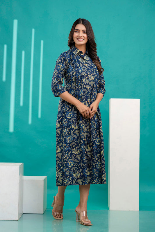 Women Blue Printed Flared Dress With Three quarter Sleeves