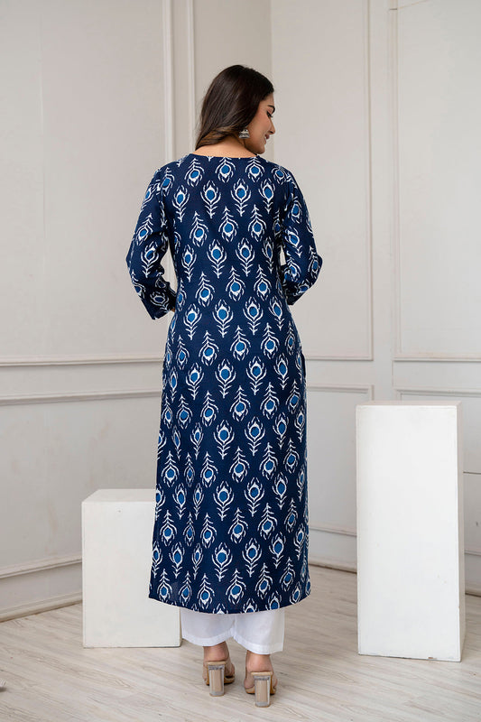 Women Navy Blue Printed Straight Kurta with Three Quarter Sleeves