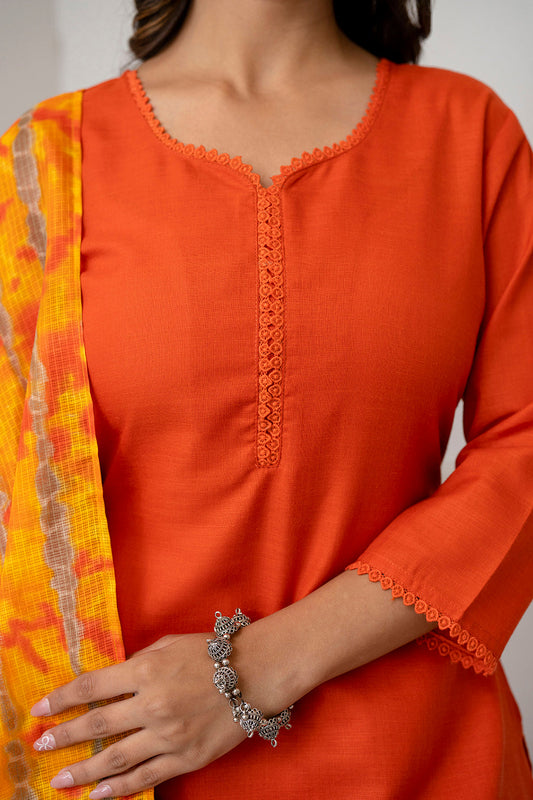 Orange Straight Kurta Set With Printed Dupatta for Women