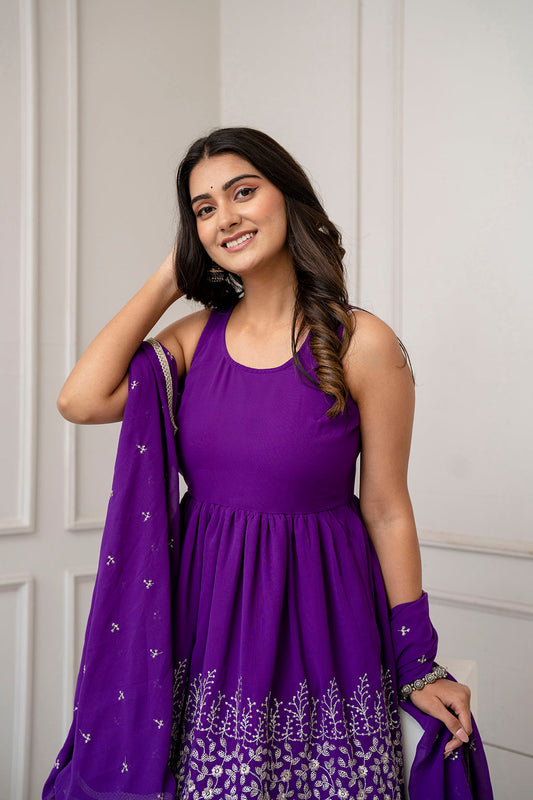 Purple Embroidered Kurti and Sharara Set With Dupatta