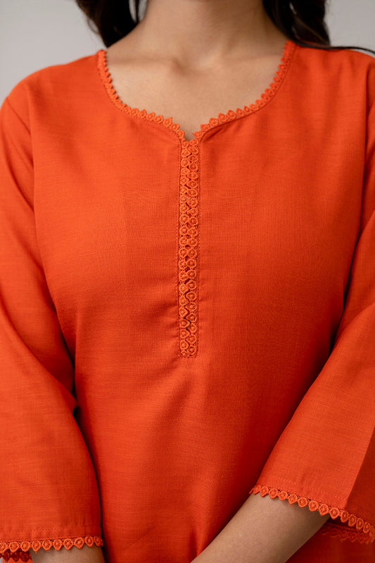 Orange Straight Kurta Set With Net Dupatta for Women