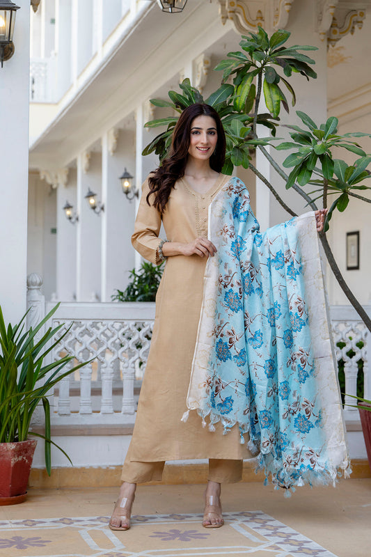 Beige Straight Kurta Set With Printed Dupatta for Women