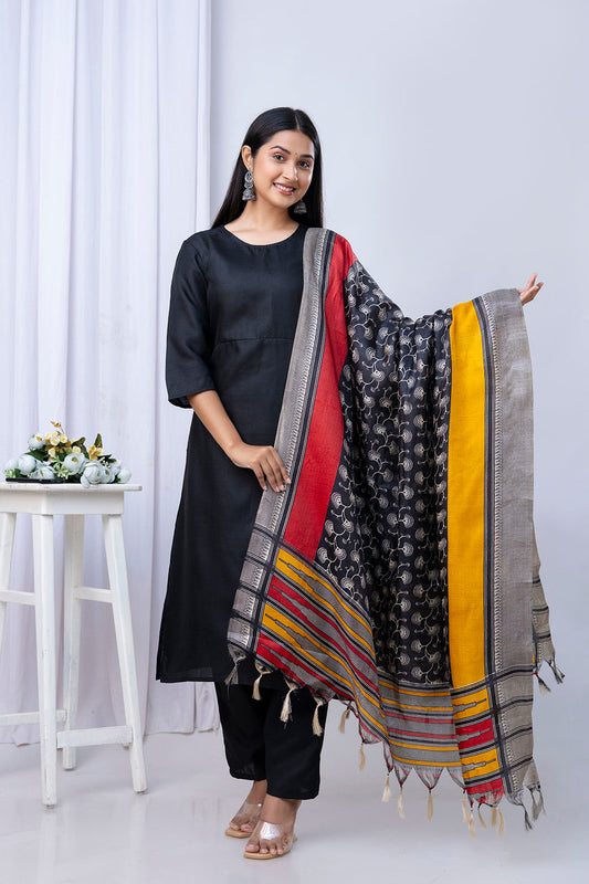 Black Straight Kurta Set With Printed Dupatta for Women