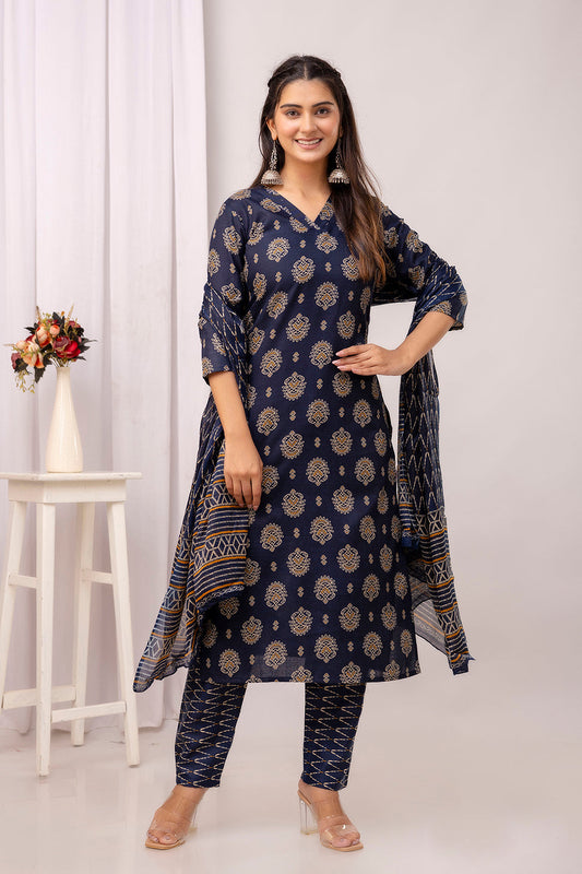 Navy Blue Printed Straight Kurta Set With Dupatta For Women