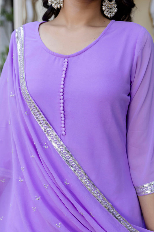 Lavender Embroidered Georgette Kurta & Wide Leg Palazzo With Dupatta for Women