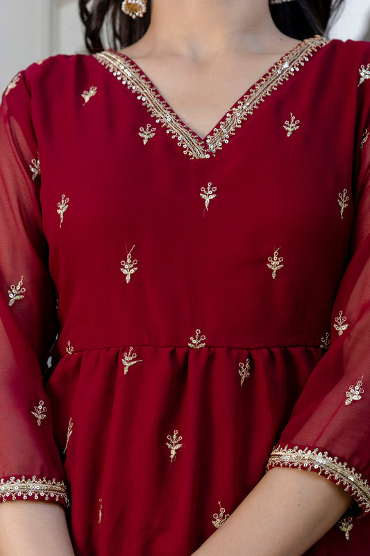 Maroon Embroidered Georgette A-Line Kurta