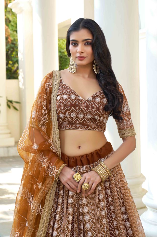 BROWN COLOR NET FABRIC LEHENGA CHOLI