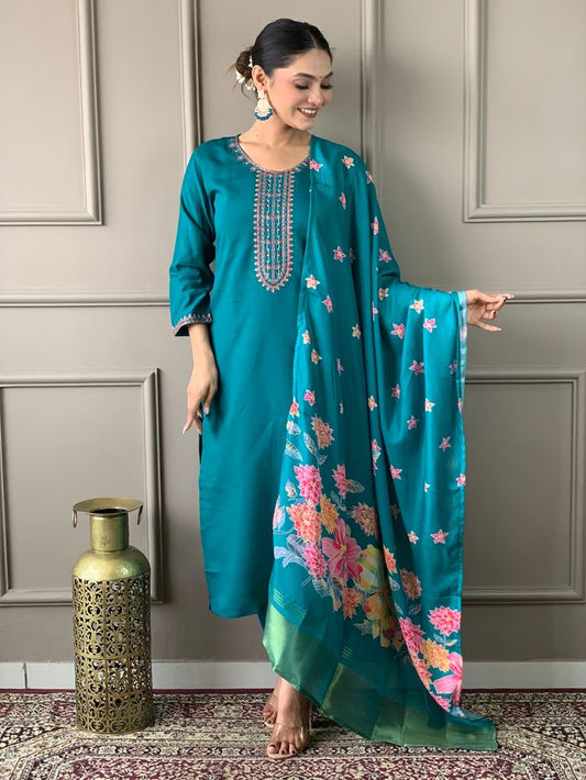 Blue Viscose Chanderi Designer Embroidery Work With Printed Ethnic