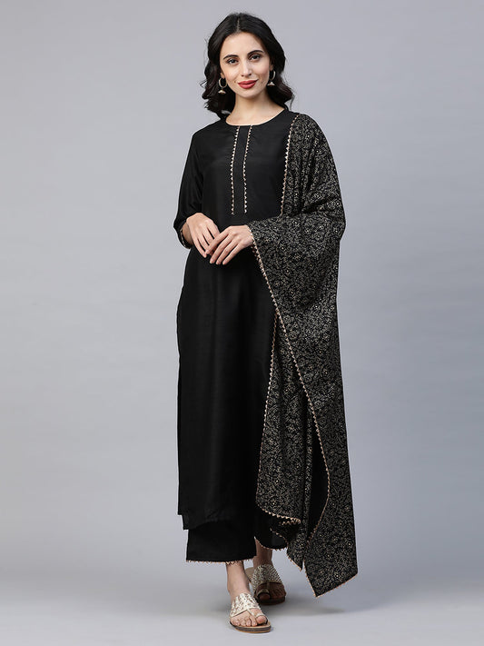 Women Black Solid Kurta Palazzo With Dupatta Sets