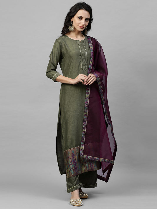 Women Green Solid Straight Kurta Palazzo With Dupatta Sets